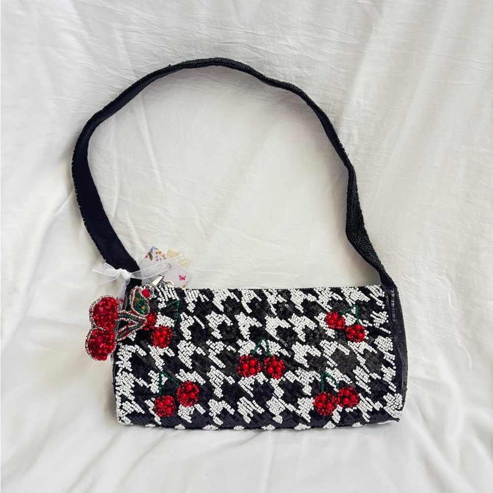 Black and White Houndstooth Bag with Red Cherry Accents